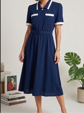 VTG Tabby of California Navy Blue White Contrast Belted Midi Dress Plus Size 18
